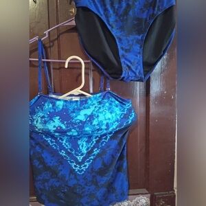 New - 2 PC - Venus Blue and Black Swimsuit Set with gem detailing on top